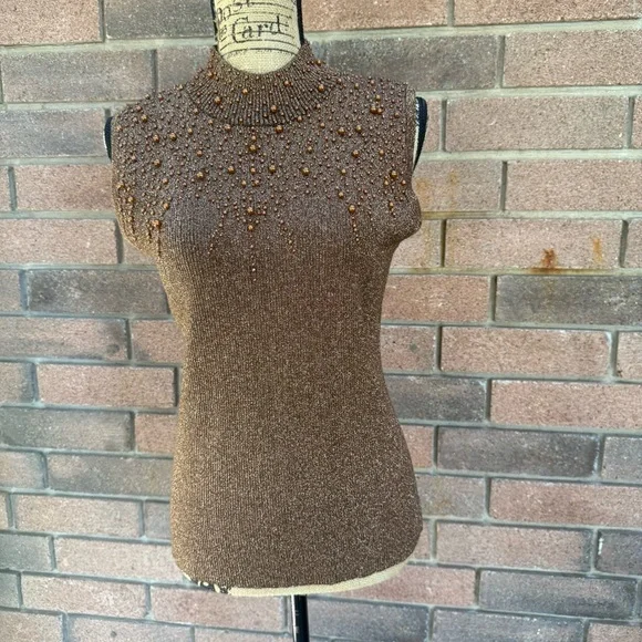 Investments Brown Women's Cardigan Sweater and High Neck Beaded Top Size Large - Picture 7 of 10